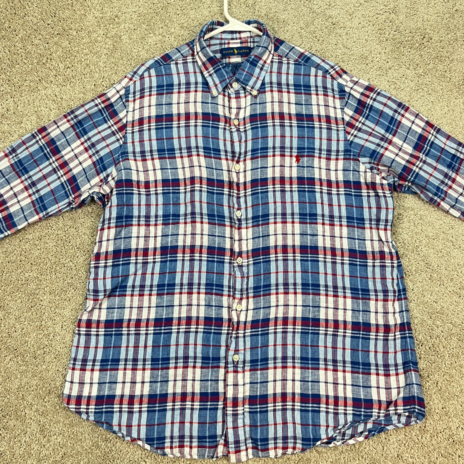 Ralph Lauren Mens Shirt Xl Red Blue Plaid 100% Linen Long Sleeve Button Down